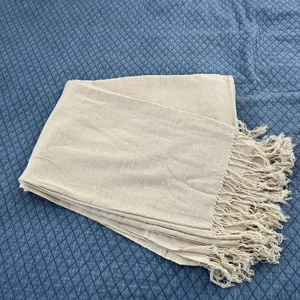 Natural Cotton Throw home decor, cottage, beach, coastal. Fringe on edge.